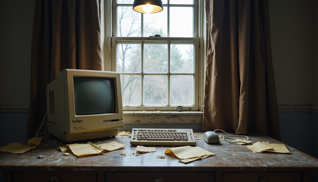 An abandoned office desk cluttered with outdated technology and dusty papers.