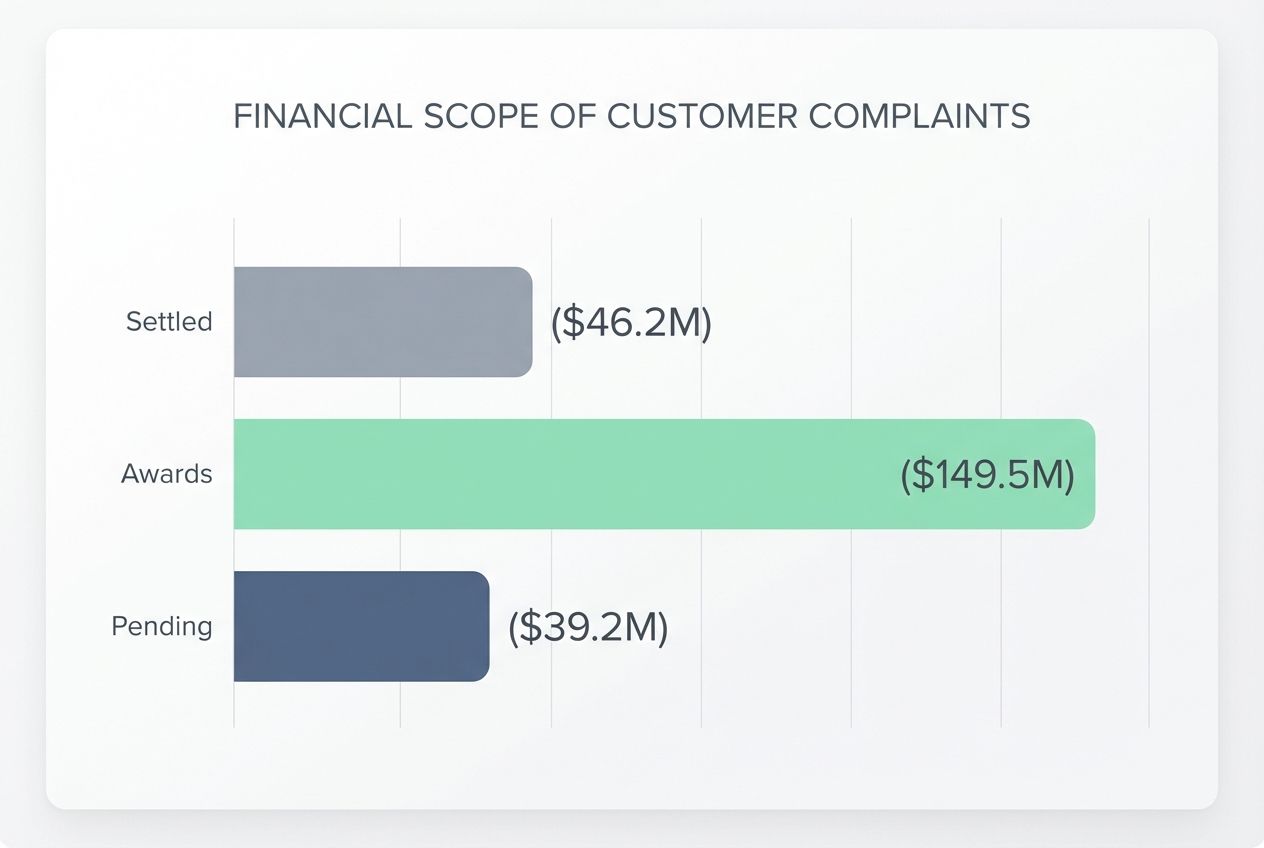 Horizontal bar chart showing the total dollar amounts for settled, awarded, and pending cases.
